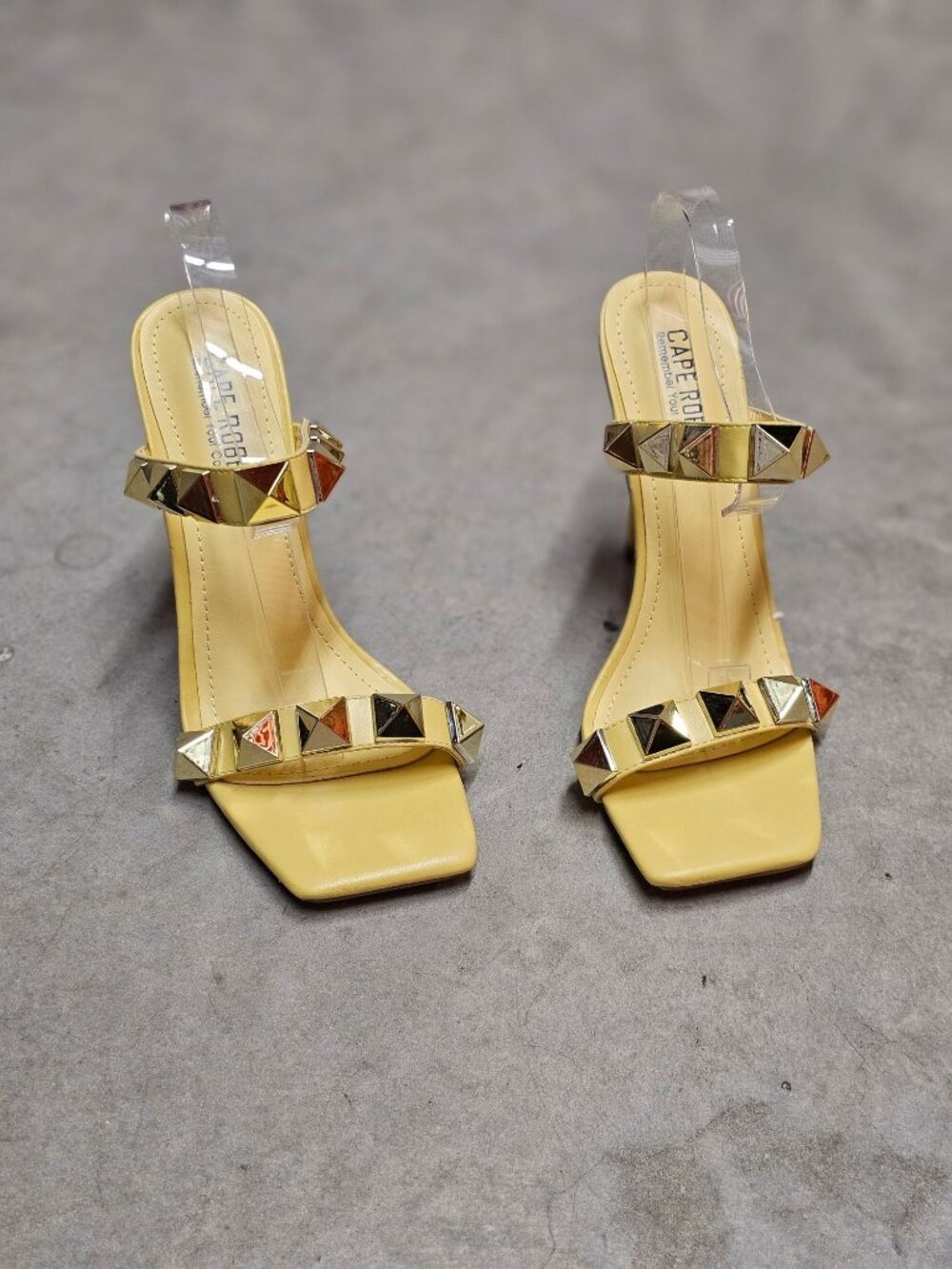 Yellow Studded High Heel Sandals With Straps & Square Toe Design For Women - Picture 7 of 15